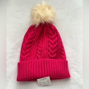 NWT J.Crew Pink Cable Knit Beanie Hat w/Faux Fur Pom Pom - Winter Hat